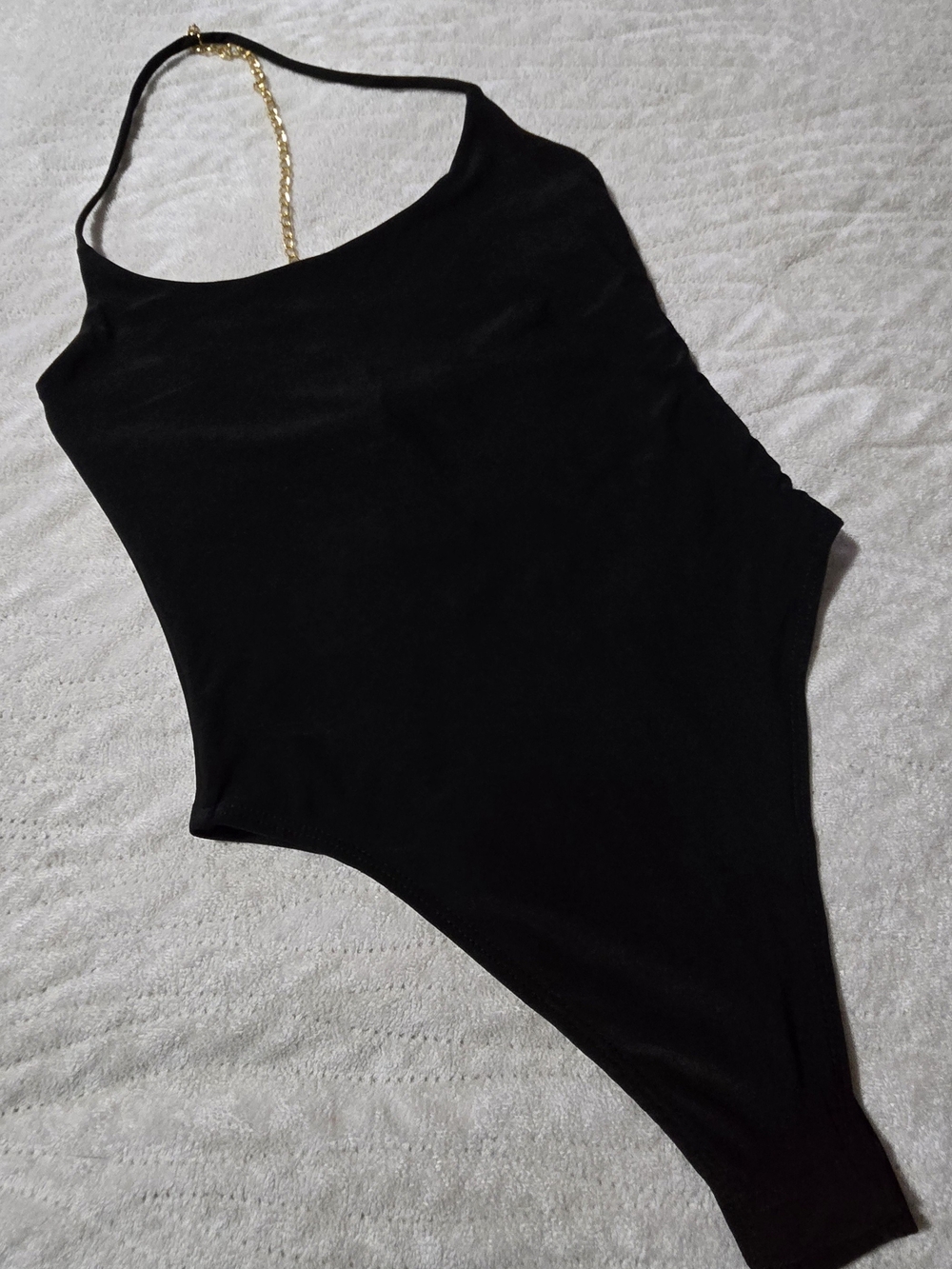 Black One-Piece Bodysuit with Gold Chain Strap